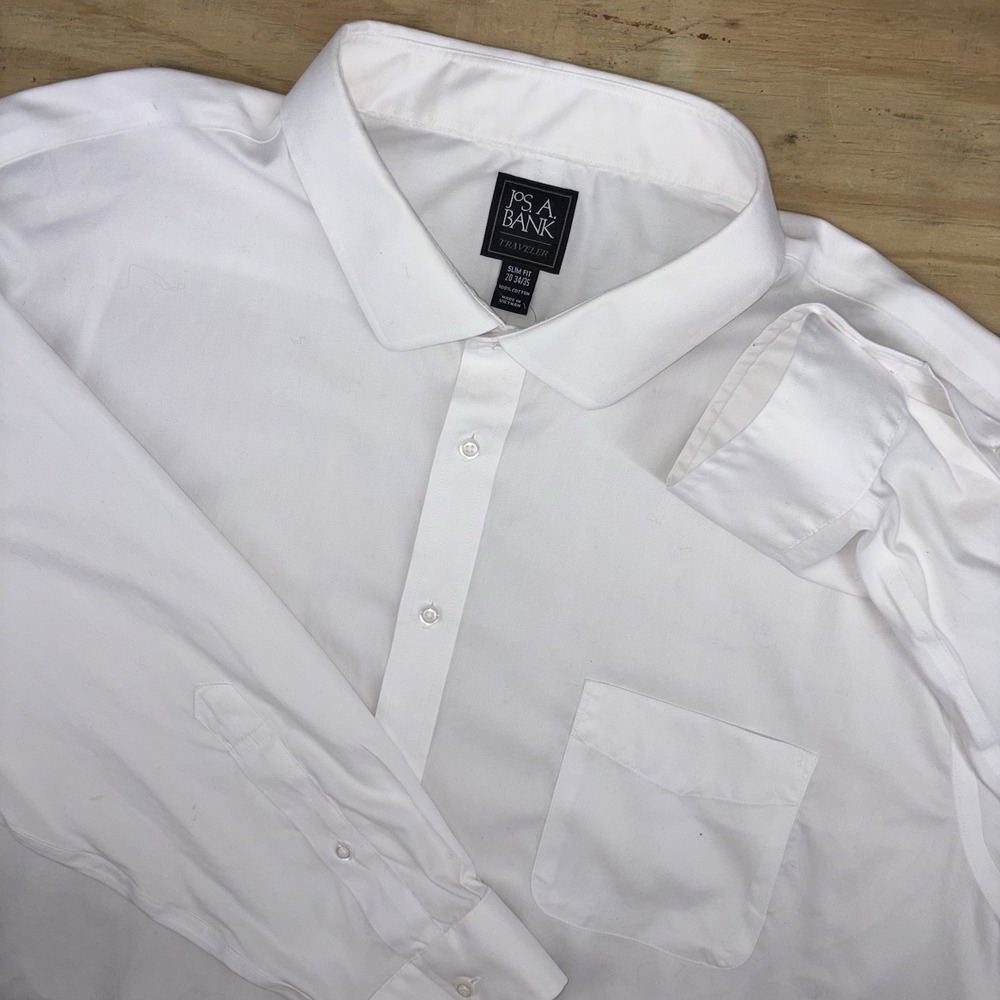 Jos A Bank Dress Shirt 20 34/35 Slim Fit Button Down Traveler White Solid Pocket